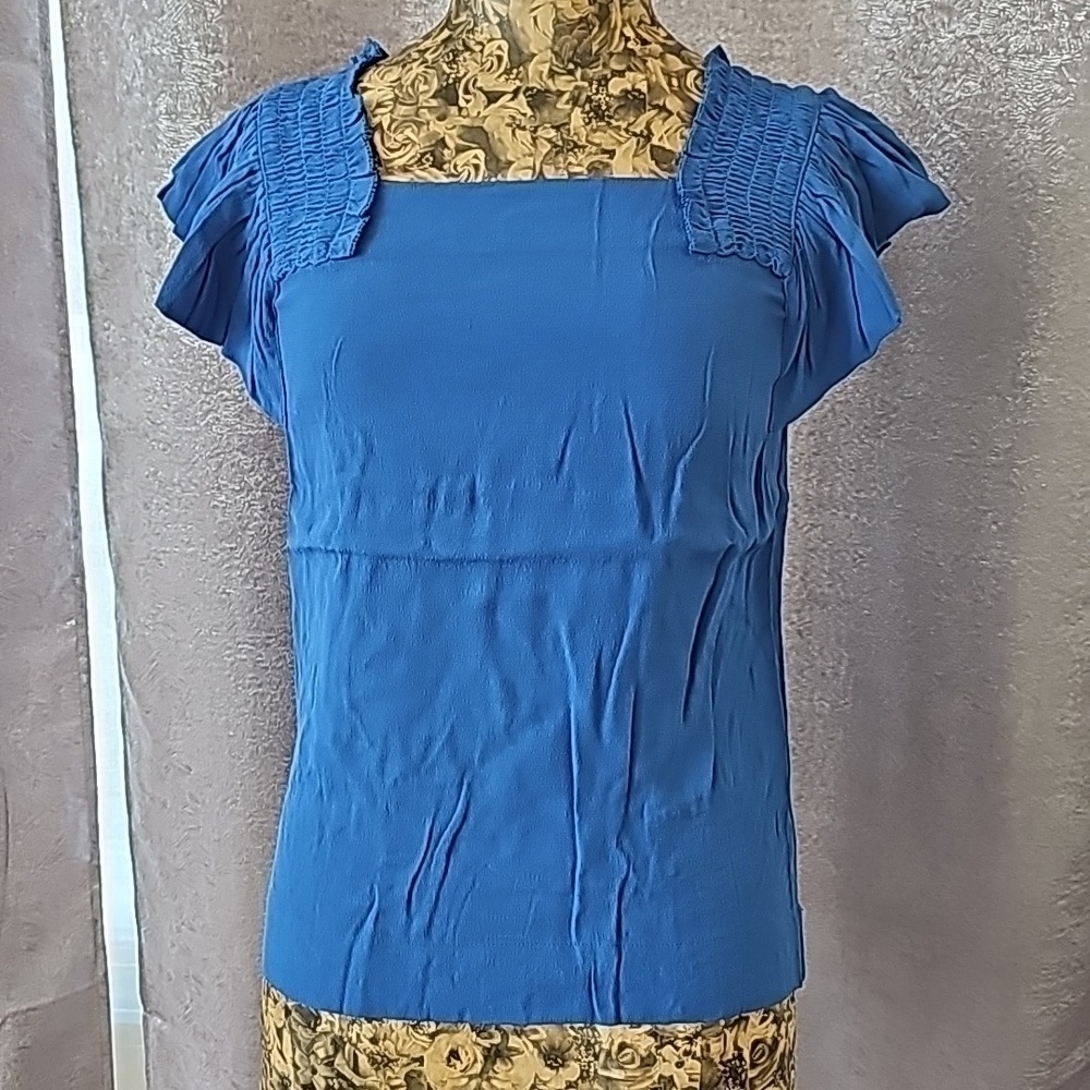 NWT Anthropologie Maeve Light Blue Epaulet Ruffle Top - Size 0 - Ruffle Sleeve D